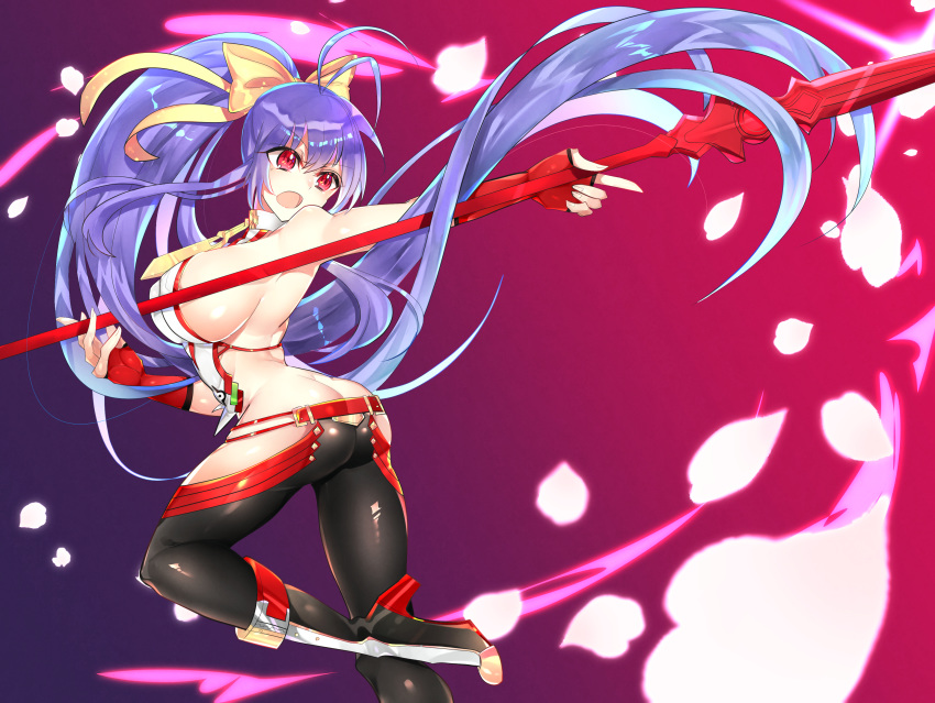 1girl antenna_hair arc_system_works ass bare_shoulders blazblue blazblue:_central_fiction blazblue_variable_heart boots bow breasts butt_crack fingerless_gloves gloves hair_bow hair_ribbon halter_top halterneck kaneaki_mukku large_breasts long_hair mai_natsume no_bra open_mouth outseal pants ponytail purple_hair red_eyes shiny shiny_clothes shiny_hair shiny_skin sideboob solo spear very_long_hair weapon