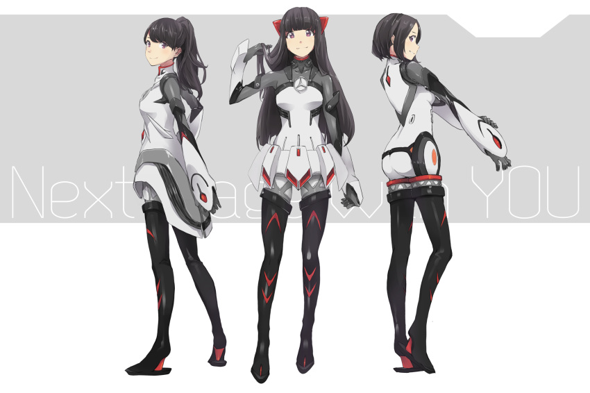 ass a~chan bangs black_footwear black_hair blunt_bangs boots brown_eyes full_body hand_in_hair highres holding holding_hair kashiyuka logo long_hair looking_at_viewer looking_back mercedes-benz multiple_girls nocchi_(perfume) perfume pilot_suit ponytail short_hair smile song_name standing thigh_boots thighhighs yoshito