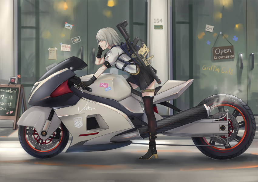 backpack bag black_footwear black_gloves black_legwear black_skirt blurry boots cafe chalkboard day depth_of_field dinergate_(girls_frontline) exhaust eyebrows_visible_through_hair girls_frontline gloves grand_theft_auto_v ground_vehicle gun high_heel_boots high_heels highres holding holding_phone kriss_vector leg_belt menu_board motor_vehicle motorcycle on_motorcycle outdoors phone pleated_skirt profile shirt short_hair short_sleeves skirt sling solo submachine_gun suppressor talking_on_phone thigh_strap thighhighs vector_(girls_frontline) weapon white_hair white_shirt xyufsky yellow_eyes