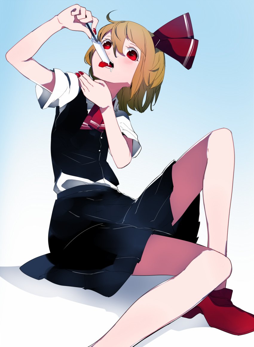 arm_up ascot black_skirt black_vest blonde_hair blue_background collared_shirt commentary drooling fang fingernails gradient gradient_background hair_between_eyes hair_ribbon highres ikurauni long_fingernails looking_at_viewer nail_polish open_mouth red_eyes red_footwear red_nails red_neckwear ribbon rumia shirt short_hair short_sleeves sitting skirt solo thighs tongue tongue_out touhou vest white_background white_shirt