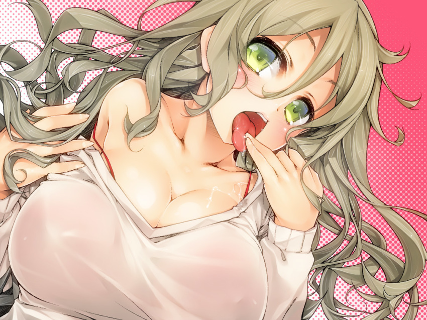 blush bra breasts brown_hair cleavage drooling dutch_angle eyebrows_visible_through_hair finger_licking green_eyes hair_between_eyes halftone halftone_background huge_breasts licking long_hair non-web_source off_shoulder original red_bra see-through serizawa_mutsuki solo strap_slip tongue tongue_out underwear upper_body
