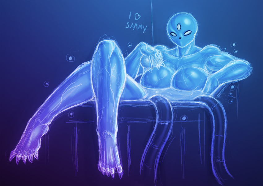alien bathing big_breasts breasts claws dark_samus english_text feet female humanoid humanoid_feet looking_at_viewer mammal mark_patten metroid metroid_(species) nintendo not_furry partially_submerged sketch solo text third_eye toe_claws video_games