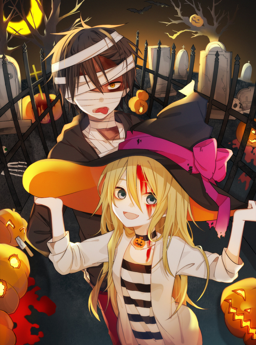 1girl :d bad_id bad_pixiv_id bandage_over_one_eye bandages bare_tree bat black_hoodie blonde_hair blood blood_on_face blue_eyes brown_eyes brown_hair choker collarbone cross eyeball fang hair_between_eyes halloween hand_on_hip hands_on_headwear hat highres irucha isaac_foster jack-o'-lantern knife long_hair looking_at_viewer moon open_mouth pants rachel_gardner red_pants satsuriku_no_tenshi shirt short_hair skull smile standing striped striped_shirt tombstone tongue tongue_out tree very_long_hair witch_hat