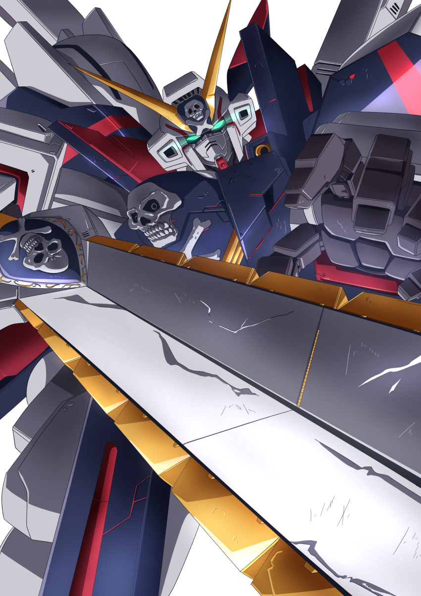 close-up commentary_request crossbone_gundam crossbone_gundam_x-1_full_cloth glowing glowing_eyes green_eyes gundam highres mecha no_humans skull_and_crossbones solo sword tyuuboutyauyo weapon white_background