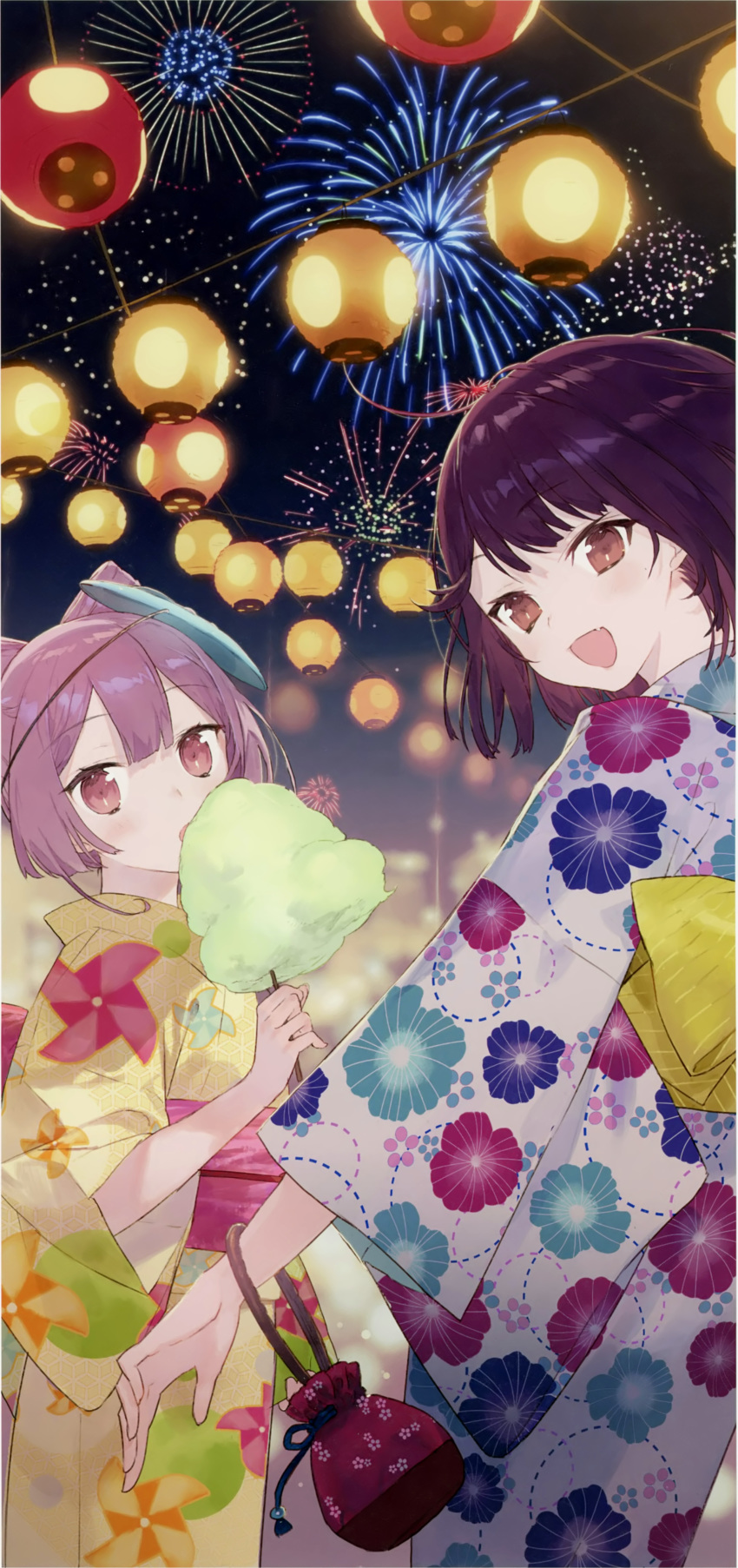 absurdres aerial_fireworks atelier_(series) atelier_sophie blush brown_eyes brown_hair candy_apple cornelia_(atelier) cotton_candy festival fireworks floral_print flower food hair_flower hair_ornament highres huge_filesize japanese_clothes kimono lantern looking_at_viewer multiple_girls night night_sky noco_(adamas) obi official_art open_mouth outdoors paper_lantern pink_eyes pink_hair sash scan short_hair short_kimono sky smile sophie_neuenmuller star_(sky) starry_sky summer_festival wide_sleeves yukata