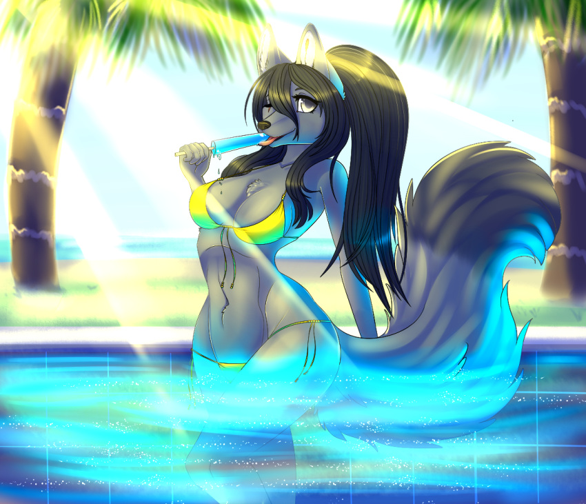 1_eye anthro beach bikini black_hair black_nose breasts canine chandraken cleavage clothed clothing female food fox fur grey_fur hair mammal pool_(disambiguation) popsicle sand scar seaside silver_eyes swimming_pool swimsuit tongue vixenchan water wet