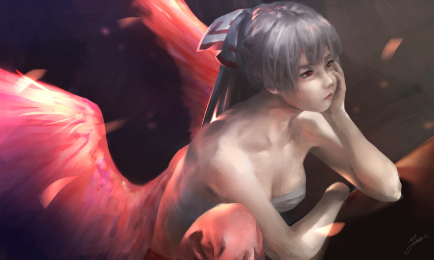 bangs bare_arms bare_shoulders bird_wings black_background blurry breasts cleavage commentary_request depth_of_field elbow_rest expressionless faux_traditional_media fujiwara_no_mokou hair_ribbon head_in_hand highres looking_away looking_to_the_side medium_breasts parted_lips ponytail red_eyes red_lips ribbon sarashi signature silver_hair solo thick_eyebrows touhou upper_body wings yanhomumu