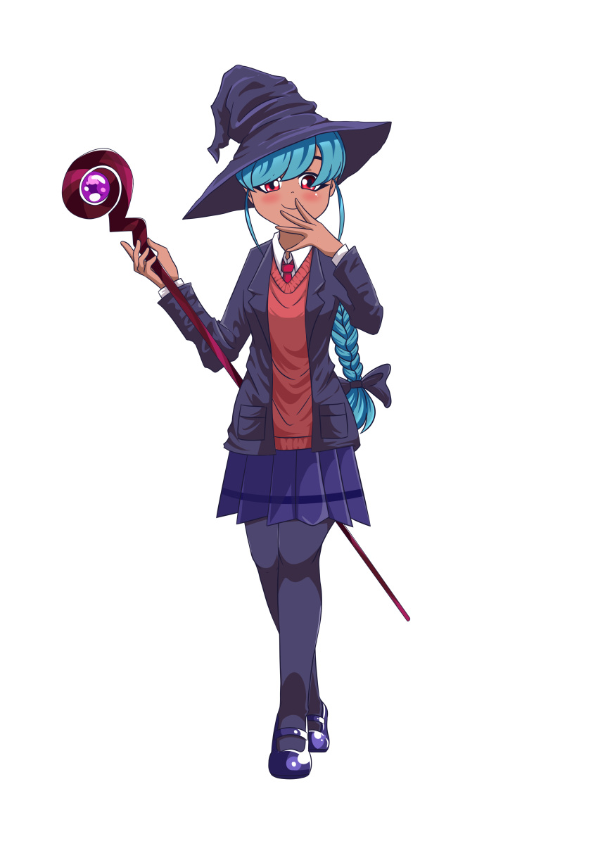 absurdres aqua_hair blazer bow braid braided_ponytail hat high_guardian_spice highres jacket mary_janes sage_high_guardian_spice shoes skirt staff thighhighs witch witch_hat