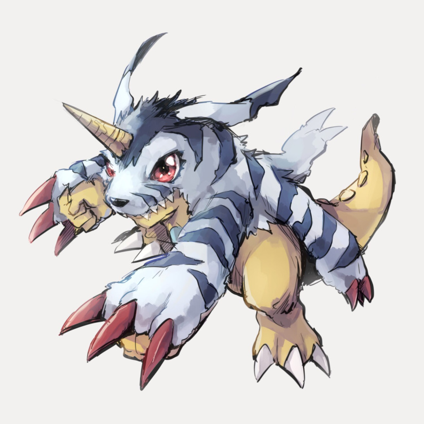 12takase14 ambiguous_gender claws digimon fangs fur fur_coat gabumon horn pose red_claws red_eyes solo