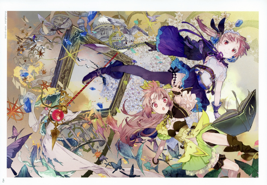 absurdres atelier_(series) atelier_lydie_&amp;_suelle blush boots bow bowtie breasts brush cleavage gloves hairband highres ink long_hair looking_at_viewer lydie_marlen multiple_girls noco_(adamas) official_art open_mouth painting_(object) pink_eyes pink_hair ponytail scan short_hair siblings side_ponytail sisters sitting skirt small_breasts smile staff suelle_marlen thighhighs twins yellow_bow yuugen