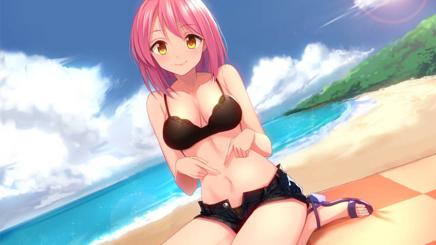 beach black_bra black_panties blue_sky bra breasts cloud cloudy_sky day denim denim_shorts dutch_angle medium_breasts medium_hair navel no_shirt non-web_source open_pants original outdoors panties pink_hair sandals short_shorts shorts sitting sky smile solo underwear yellow_eyes yuki_usagi_(mofurafu)