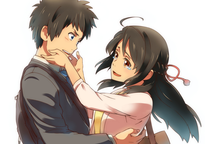 1boy 1girl :d ahoge black_hair black_jacket blue_neckwear braid chiharu_(9654784) couple eye_contact floating_hair from_side hair_ribbon highres jacket kimi_no_na_wa long_hair long_sleeves looking_at_another miyamizu_mitsuha necktie open_clothes open_jacket open_mouth pink_jacket red_eyes red_ribbon ribbon shirt simple_background smile tachibana_taki tears upper_body white_background white_shirt yellow_shirt