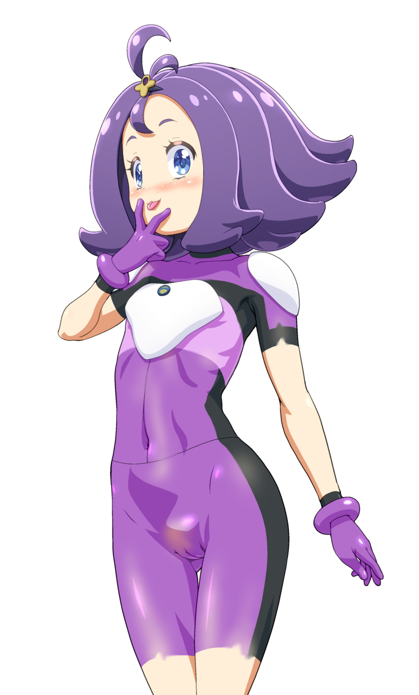 :p acerola_(pokemon) ahoge blue_eyes blush bodypaint cameltoe cleft_of_venus curly_hair flipped_hair gloves hair_ornament highres kousaka_jun long_hair looking_at_viewer looking_to_the_side navel nijie nose_blush painted_clothes pokemon pokemon_(anime) pokemon_sm_(anime) purple_eyes purple_hair pussy simple_background solo tongue tongue_out uncensored white_background