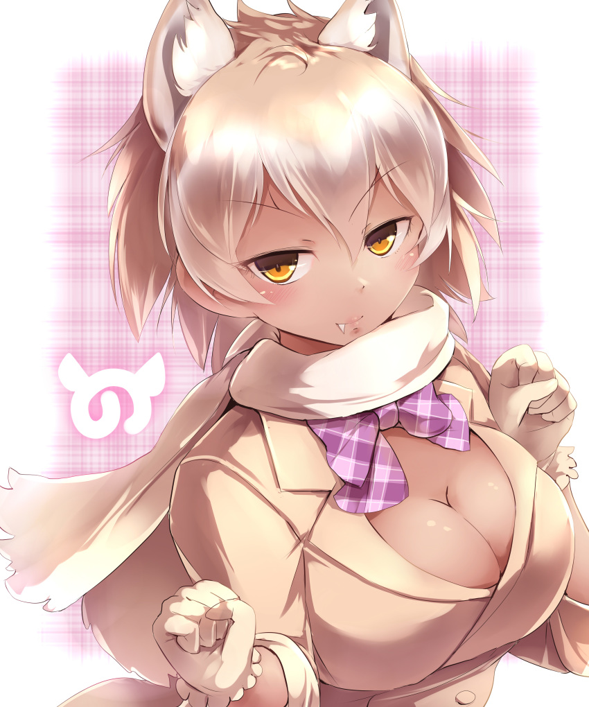 absurdres alternate_color alternate_hair_color alternate_skin_color animal_ears bow bowtie breasts cleavage commentary_request dark_skin extra_ears eyebrows_visible_through_hair fang fang_out highres japari_symbol kanzakietc kemono_friends large_breasts looking_at_viewer orange_eyes plaid plaid_bow plaid_neckwear scarf smile solo tundra_wolf_(kemono_friends) upper_body v-shaped_eyebrows wolf_ears