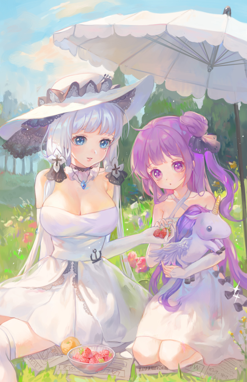 :o absurdres anchor azur_lane bangs bare_shoulders black_bow black_ribbon blue_eyes blue_flower blue_sky blush bow bowl breasts cleavage cloud collarbone commentary criss-cross_halter day detached_sleeves dress eyebrows_visible_through_hair fingernails flower food fruit hair_bun hair_ribbon halterneck hat head_tilt highres holding holding_food illustrious_(azur_lane) large_breasts long_hair long_sleeves low_ponytail maccha_(mochancc) multiple_girls object_hug one_side_up outdoors parasol parted_lips ponytail purple_eyes purple_hair red_flower ribbon seiza side_bun sidelocks silver_hair sitting sky sleeves_past_wrists star star_in_eye strawberry stuffed_alicorn stuffed_animal stuffed_toy symbol_in_eye thighhighs tress_ribbon umbrella unicorn_(azur_lane) very_long_hair white_dress white_hat white_legwear white_umbrella
