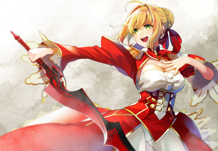 aestus_estus ahoge blonde_hair braid breasts cleavage commentary_request dress epaulettes fate/extra fate_(series) french_braid green_eyes hair_intakes hair_ribbon juliet_sleeves large_breasts long_sleeves nero_claudius_(fate) nero_claudius_(fate)_(all) open_mouth puffy_sleeves red_dress red_ribbon retsuna ribbon see-through solo sword weapon wide_sleeves