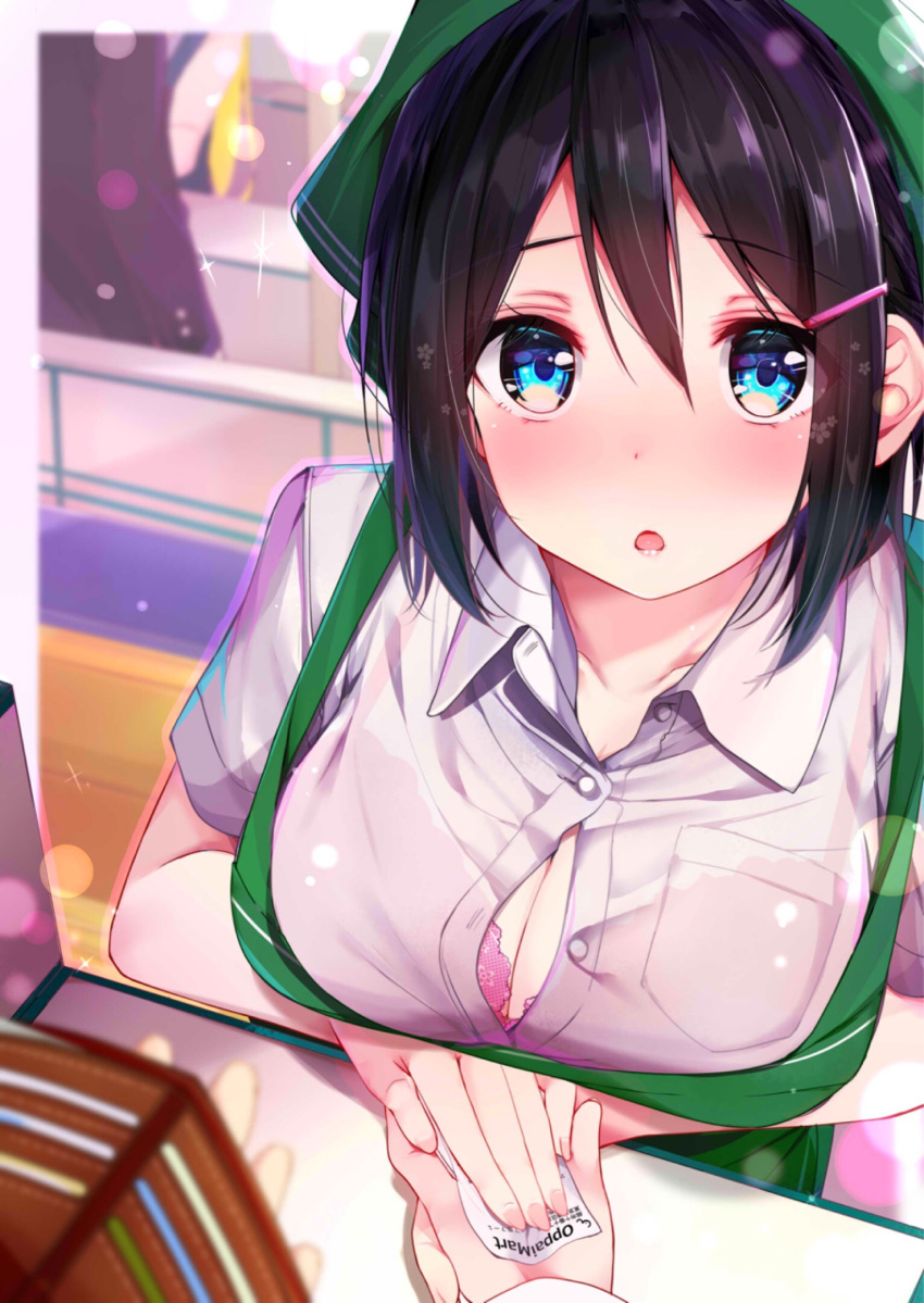 :o apron black_hair blue_eyes blurry blurry_background blush bra bra_peek breast_pocket breasts button_gap commentary_request depth_of_field employee_uniform eyebrows_visible_through_hair hair_between_eyes hair_ornament hairclip highres indoors large_breasts looking_at_viewer open_mouth original partially_unbuttoned pink_bra pocket popped_button pov pov_hands receipt rouka_(akatyann) shirt short_hair short_sleeves underwear uniform wallet white_shirt