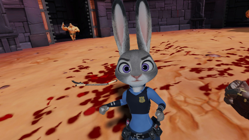 3d_(artwork) ambiguous_gender blender_(disambiguation) blood cycles digital_media_(artwork) disney female fight gorn hi_res hopps judy_hopps lagomorph male mammal melee_weapon rabbit video_games vr weapon zootopia