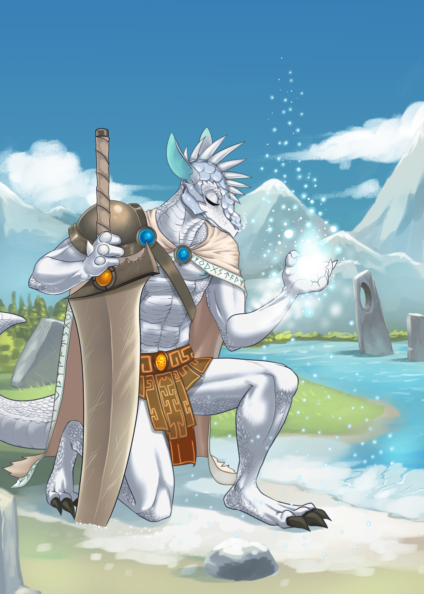 armor belt cape claws clothed clothing detailed_background dragon gem invalid_tag kneeling long_ears magic male melee_weapon nipples pantymink skimpy solo sparkydb sword weapon white_skin
