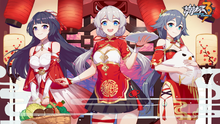 3girls bare_shoulders basket black_hair blue_eyes china_dress chinese_clothes detached_sleeves dress food fu_hua highres honkai_(series) honkai_impact_3 kiana_kaslana lantern long_hair low_ponytail multiple_girls official_art open_clothes purple_eyes raiden_mei short_twintails skirt tray twintails vegetable very_long_hair wristband