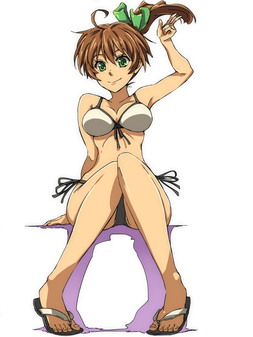 1girl ahoge arm_support bikini bow breasts brown_hair chiharu_(9654784) cleavage floating_hair front-tie_bikini front-tie_top green_bow green_eyes grey_bikini_bottom grey_ribbon hair_between_eyes hair_bow highres long_hair looking_at_viewer medium_breasts original shiny shiny_hair side-tie_bikini side_ponytail simple_background sitting smile solo swimsuit white_background white_bikini_top