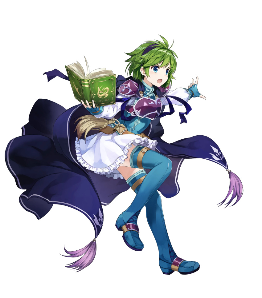 amagai_tarou armor bangs belt belt_pouch blue_eyes boots breastplate cape fingerless_gloves fire_emblem fire_emblem:_rekka_no_ken fire_emblem_heroes frills full_body gloves green_hair hair_ornament hairband highres holding leg_up long_sleeves miniskirt nino_(fire_emblem) non-web_source official_art open_mouth pouch shiny shiny_hair short_hair shoulder_armor shoulder_pads skirt smile solo thigh_boots thighhighs transparent_background white_skirt zettai_ryouiki