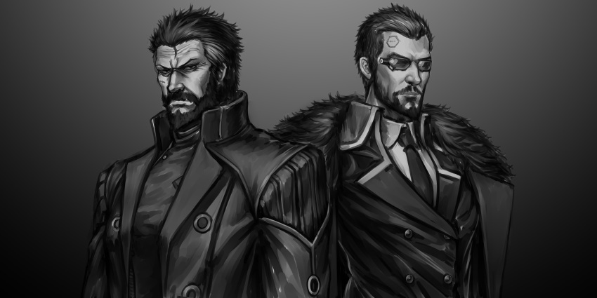 2boys absurdres adam_jensen beard berezovich_kryuger_(girls'_frontline) coat coat_on_shoulders commentary_request cosplay costume_switch crossover deus_ex deus_ex:_human_revolution facial_hair fur-trimmed_coat fur_trim girls'_frontline goatee gradient gradient_background greyscale highres jacket jing_meng_li looking_at_viewer male_focus military military_uniform monochrome multiple_boys necktie scar scar_on_face short_hair sunglasses uniform upper_body