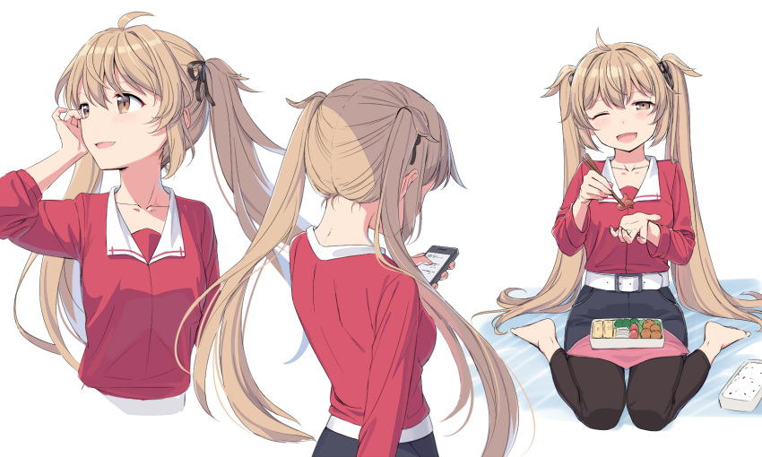 :d alternate_costume bad_id bad_pixiv_id barefoot belt belt_buckle brown_eyes buckle cellphone chopsticks cnm collarbone food hair_between_eyes highres holding holding_chopsticks holding_phone kantai_collection leggings light_brown_hair long_hair long_sleeves multiple_views murasame_(kantai_collection) one_eye_closed open_mouth phone red_shirt rice shirt simple_background sitting smartphone smile twintails wariza white_background