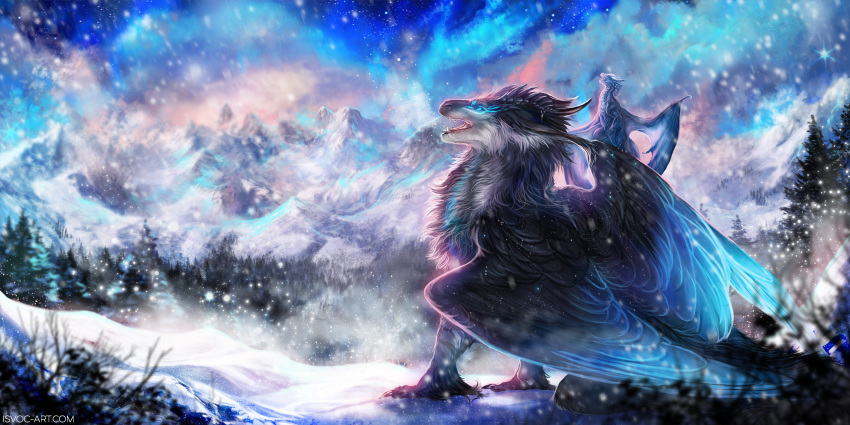 2019 ambiguous_gender blue_feathers detailed_background digital_media_(artwork) dragon duo feathered_dragon feathered_wings feathers feral fur furred_dragon isvoc membranous_wings open_mouth scalie snow standing teeth tongue western_dragon wings