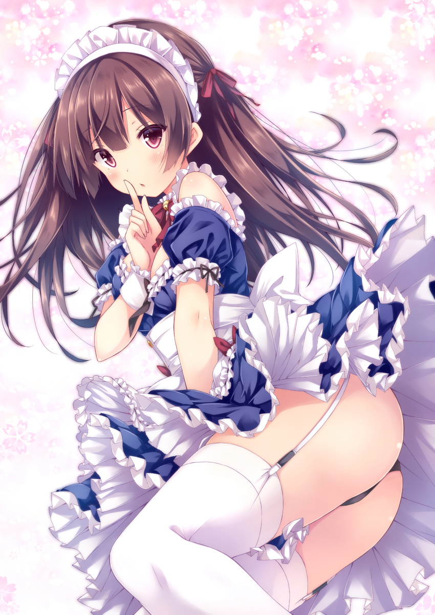 apron ass bangs bell black_panties blue_dress blush bow brown_hair dress eyebrows_visible_through_hair finger_to_mouth frilled_apron frills garter_belt hair_between_eyes hair_bow highres jingle_bell long_hair lying maid maid_headdress on_side original panties parted_lips puffy_short_sleeves puffy_sleeves red_bow red_eyes ryo short_sleeves shushing solo thighhighs underwear very_long_hair waist_apron white_apron white_bow white_legwear