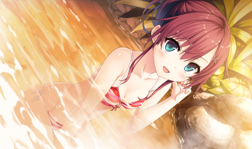 :d bangs bikini blush breasts cleavage collarbone cura dutch_angle enty_reward eyebrows_visible_through_hair fingernails front-tie_bikini front-tie_top green_eyes hair_between_eyes hair_ornament hand_up highres looking_at_viewer maitetsu migita_hibiki onsen open_mouth paid_reward partially_submerged red_hair rock side-tie_bikini sitting small_breasts smile solo striped striped_bikini swimsuit water wet x_hair_ornament