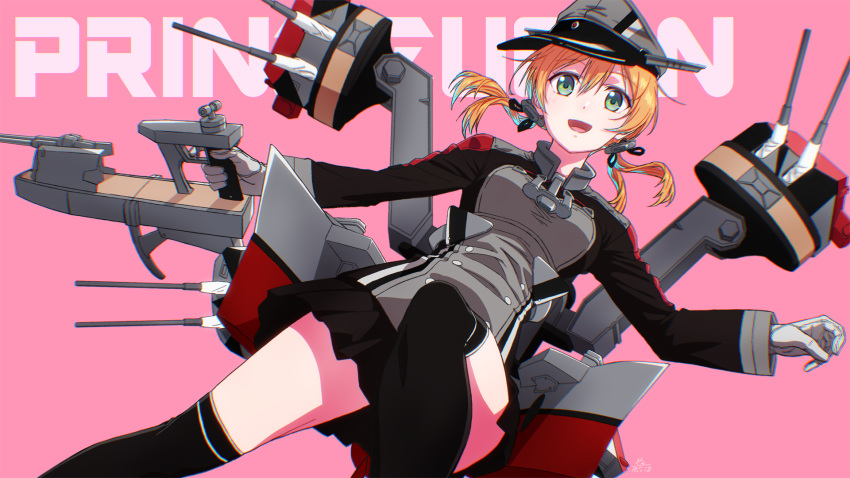 :d anchor_hair_ornament aqua_eyes bangs black_legwear black_skirt blonde_hair breasts character_name commentary dated eyebrows_visible_through_hair feet_out_of_frame floating_hair gloves hair_between_eyes hair_ornament hat highres holding holding_weapon iron_cross jacket kantai_collection leg_up long_hair long_sleeves looking_at_viewer low_twintails machinery medium_breasts microskirt military military_hat military_uniform multicolored multicolored_clothes multicolored_jacket open_mouth peaked_cap pink_background pleated_skirt prinz_eugen_(kantai_collection) rigging sidelocks signature skirt smile solo spread_legs thighhighs thighs turret twintails uniform wakou_(zassou_tamashi) weapon white_gloves