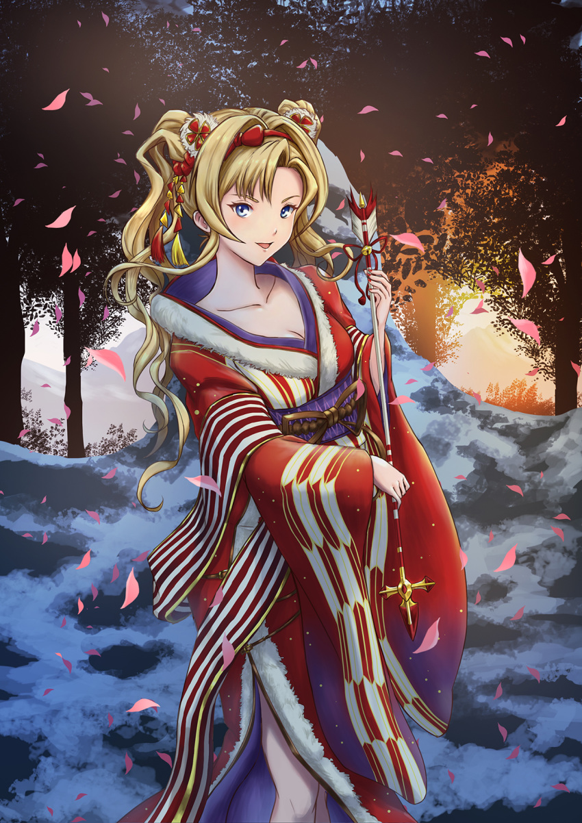 :d arrow blonde_hair blue_eyes breasts cherry_blossoms cleavage collarbone commentary_request granblue_fantasy hair_ornament hair_ribbon hamaya highres japanese_clothes kimono legendpoon long_hair open_mouth petals ribbon side_slit smile solo twintails wavy_hair zeta_(granblue_fantasy)