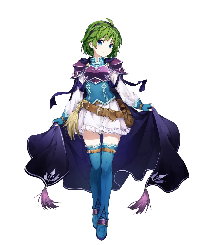 amagai_tarou armor bangs belt belt_pouch blue_eyes boots breastplate cape closed_mouth eyebrows_visible_through_hair fingerless_gloves fire_emblem fire_emblem:_rekka_no_ken fire_emblem_heroes frills full_body gloves green_hair hairband highres holding long_sleeves miniskirt nino_(fire_emblem) non-web_source official_art pouch shiny shiny_hair short_hair shoulder_armor shoulder_pads skirt smile solo standing thigh_boots thighhighs transparent_background white_skirt zettai_ryouiki