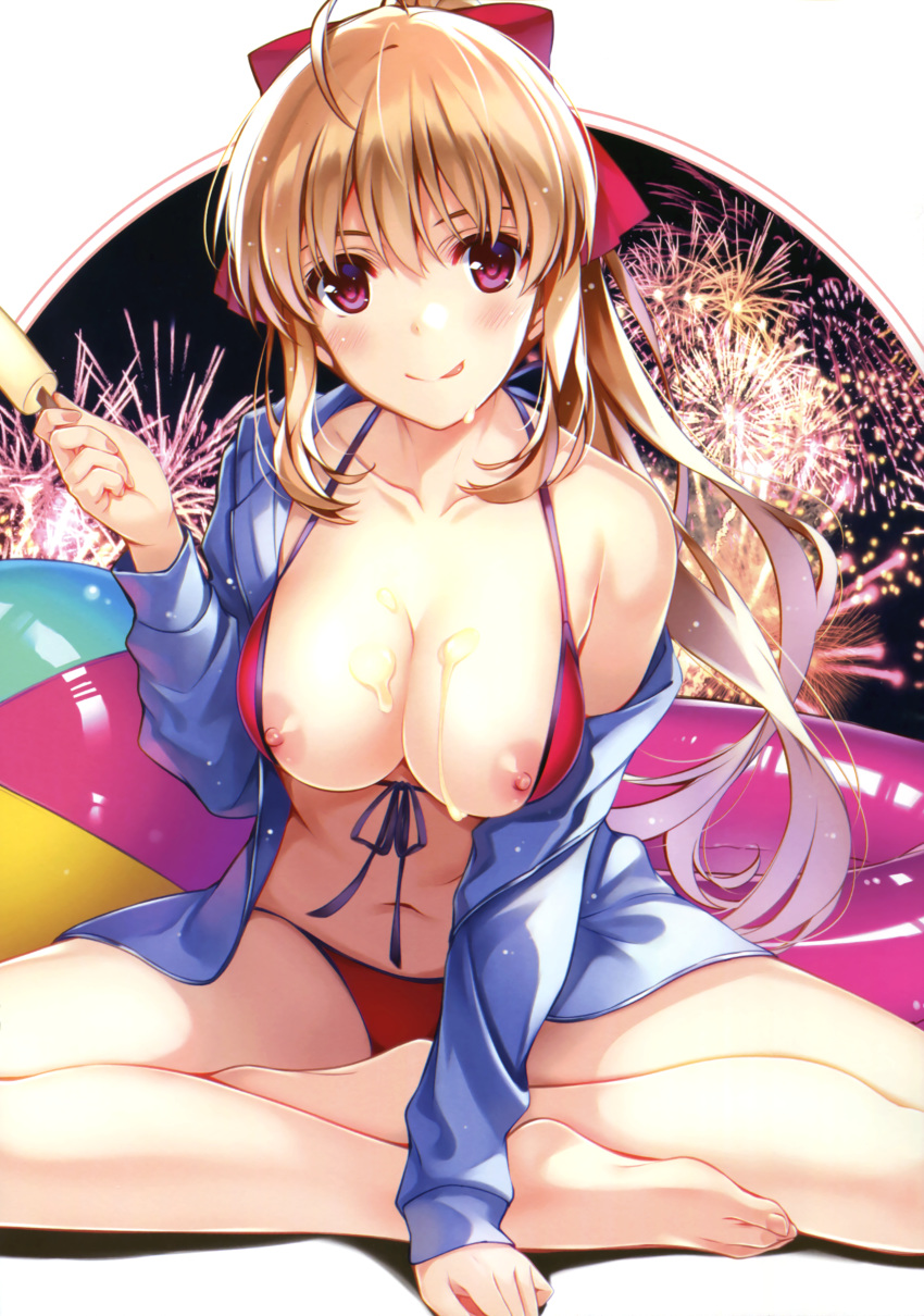 :p absurdres aerial_fireworks ahoge arm_support ball barefoot beachball bikini blush breasts collarbone comic_aun cover dripping fireworks food food_on_body front-tie_top highres indian_style innertube jacket large_breasts light_brown_hair long_hair looking_at_viewer md5_mismatch misaki_kurehito mizuhara_erika navel nipple_slip nipples open_clothes open_jacket ponytail popsicle rating red_bikini red_eyes scan sidelocks sitting solo swimsuit tongue tongue_out very_long_hair