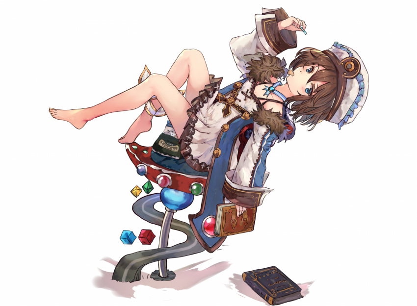 bare_shoulders blanc blue_eyes book brown_hair chair choujigen_game_neptune coat commentary dress fur_trim hat highres long_sleeves looking_at_viewer neptune_(series) short_hair solo white_crow