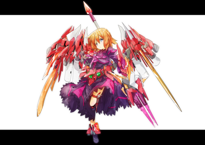 adapted_costume alternate_weapon armor armored_dress bangs black_dress black_footwear boots brooch bygddd5 closed_mouth commentary_request dress gundam gundam_build_fighters highres holding holding_weapon jewelry leg_up letterboxed light_frown long_dress long_sleeves looking_at_viewer luciferion lyrical_nanoha mahou_shoujo_lyrical_nanoha_the_movie_3rd:_reflection material-s mechanical_wings partial_commentary short_hair solo standing standing_on_one_leg stern_starks thigh_strap weapon white_background wing_gundam_zero_flame wings