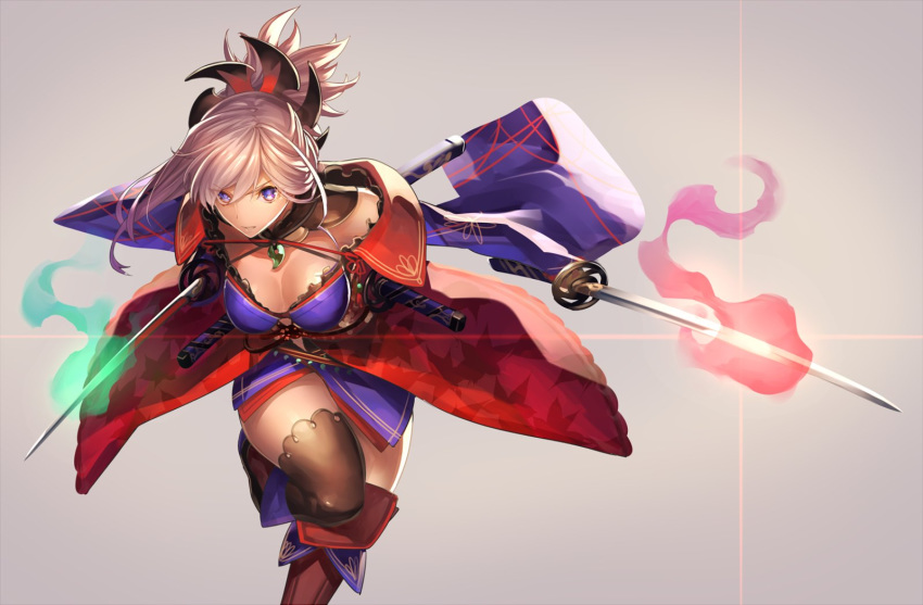 asymmetrical_hair autumn_leaves black_legwear blue_eyes blue_kimono breasts cleavage detached_sleeves dual_wielding earrings fate/grand_order fate_(series) hair_ornament highres holding holding_sword holding_weapon japanese_clothes jewelry katana kimono large_breasts leaf_print magatama maple_leaf_print miyamoto_musashi_(fate/grand_order) navel_cutout obi pink_hair ponytail sandals sash sheath sheathed short_kimono sleeveless sleeveless_kimono solo sword tef thighhighs unsheathed weapon wide_sleeves