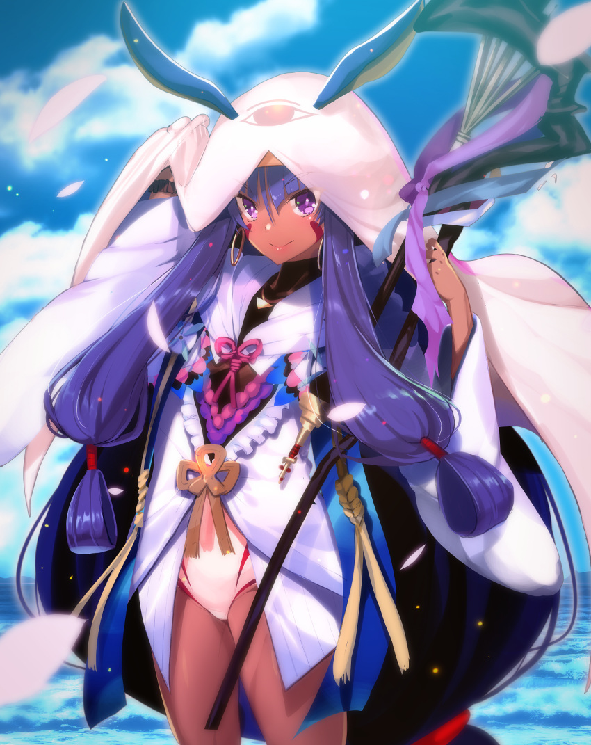 akahito animal_ears bangs blanket blue_sky blunt_bangs bracelet breasts commentary_request cosplay dark_skin day earrings eyebrows_visible_through_hair facepaint facial_mark fate/grand_order fate/stay_night fate_(series) hair_between_eyes hair_tubes hairband hands_up highres hood hoop_earrings jackal_ears jewelry long_hair long_sleeves looking_at_viewer low-tied_long_hair medjed medjed_(cosplay) merlin_(fate) merlin_(fate)_(cosplay) nitocris_(fate/grand_order) nitocris_(swimsuit_assassin)_(fate) ocean one-piece_swimsuit petals purple_eyes purple_hair robe sidelocks sky smile solo staff swimsuit swimsuit_under_clothes thighs very_long_hair white_robe white_swimsuit wide_sleeves