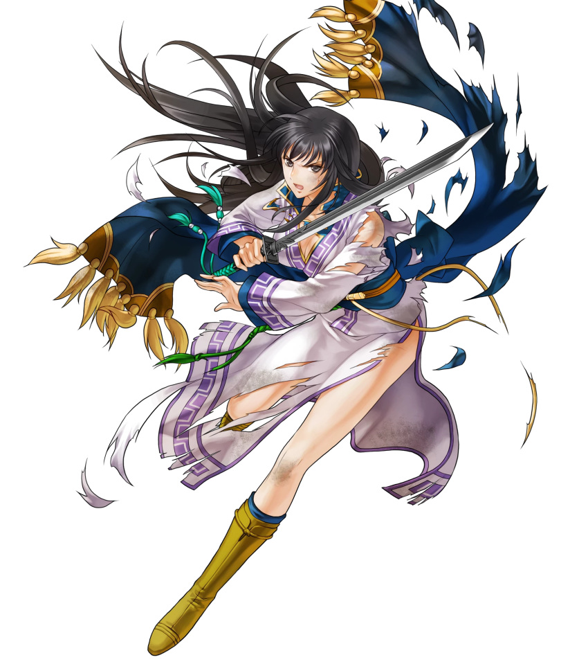 bangs bare_shoulders belt black_hair boots breasts brown_footwear dirty fire_emblem fire_emblem:_rekka_no_ken fire_emblem_heroes full_body grey_eyes highres holding holding_sword holding_weapon karla katana kita_senri knee_boots large_breasts long_hair long_sleeves looking_at_viewer non-web_source official_art open_mouth sash scar shiny shiny_hair solo sword torn_clothes transparent_background weapon