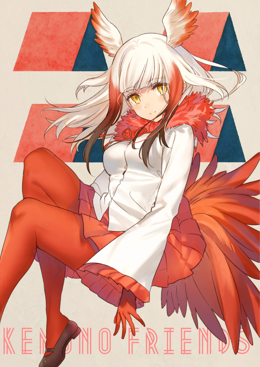 bangs beige_background bird_tail blunt_bangs blush breasts brown_footwear buttons commentary copyright_name dot_nose drawstring english eyebrows_visible_through_hair eyelashes feathered_wings feathers floating frilled_sleeves frills fur_collar gloves gradient_hair head_wings highres japanese_crested_ibis_(kemono_friends) kemono_friends kippu large_breasts long_hair long_sleeves looking_at_viewer mary_janes multicolored_hair pantyhose pleated_skirt red_gloves red_hair red_legwear red_skirt romaji shirt shoes sidelocks skirt smile solo streaked_hair tail two-tone_hair white_hair white_shirt wide_sleeves wings yellow_eyes