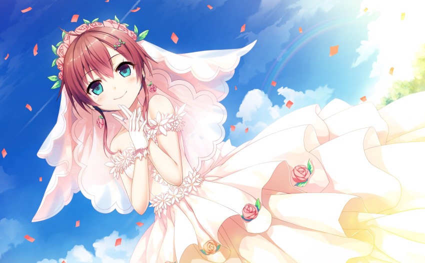 bangs bare_shoulders blue_eyes blue_sky blush breasts bridal_veil closed_mouth cloud collarbone confetti cura day dress dutch_angle enty_reward eyebrows_visible_through_hair flower gloves hair_between_eyes hair_flower hair_ornament hairclip hands_up highres jewelry long_hair maitetsu migita_hibiki outdoors paid_reward pink_flower pink_rose red_hair ring rose see-through sky small_breasts smile solo strapless strapless_dress veil wedding_band wedding_dress white_dress white_flower white_gloves