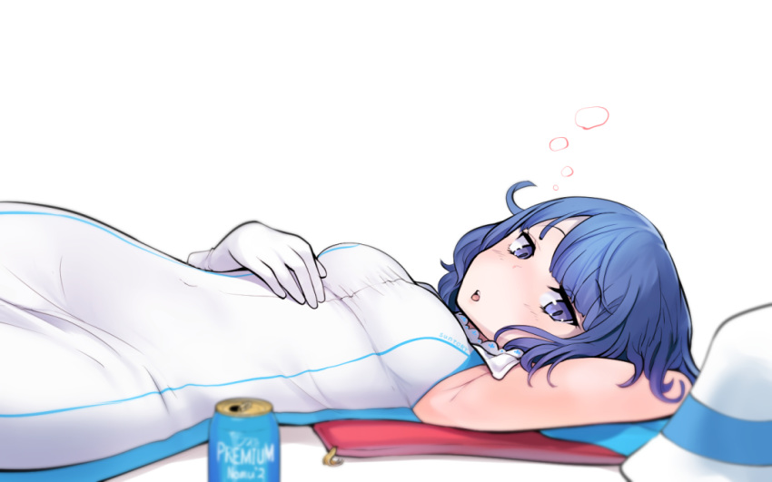 1girl alcohol amekosame armpits bangs blue_eyes blue_hair blush breasts commentary covered_navel dress drunk gloves hat hat_removed headwear_removed logo looking_at_viewer lying on_back on_floor open_mouth round_teeth short_hair sleeveless solo suntory suntory_nomu teeth virtual_youtuber white_dress white_gloves white_hat