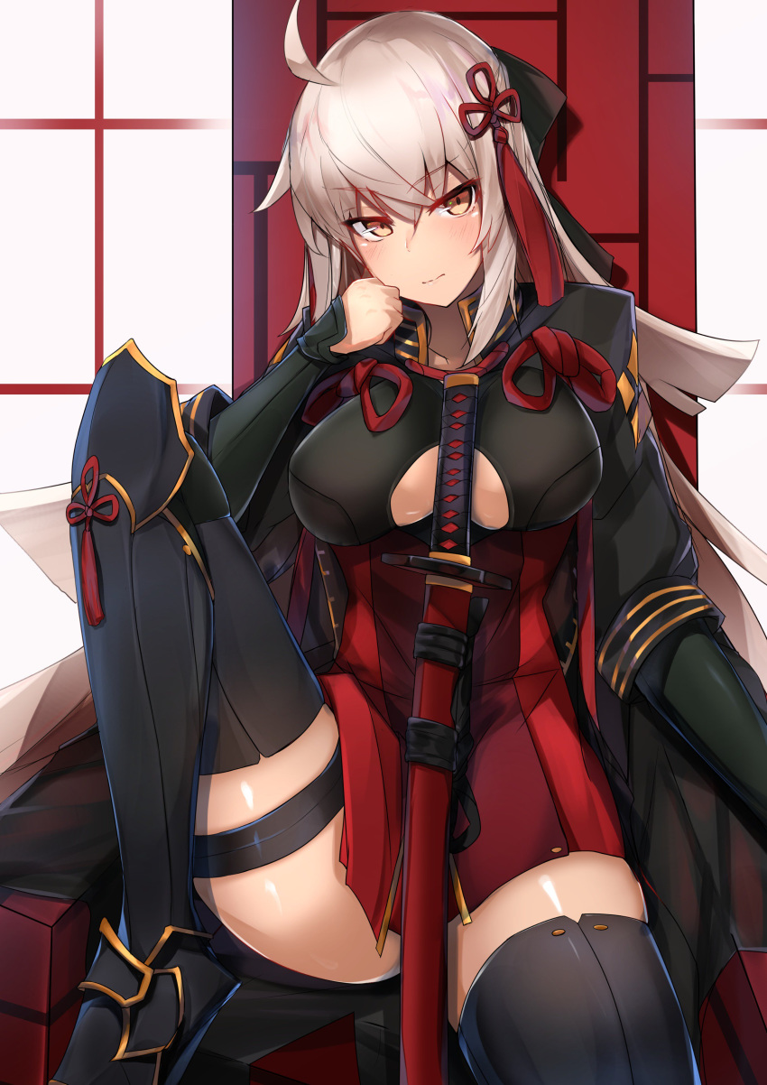 1girl absurdres ahoge arm_guards armor black_bow black_coat black_legwear bow breasts closed_mouth coat commentary_request dark-skinned_female dark_skin fate/grand_order fate_(series) hair_between_eyes hair_bow hair_ornament highres japanese_armor katana knee_up large_breasts long_hair looking_at_viewer nanakaku okita_souji_(fate) okita_souji_alter_(fate) red_skirt sitting skirt solo suneate sword tassel thigh_strap thighs underboob very_long_hair weapon white_hair yellow_eyes