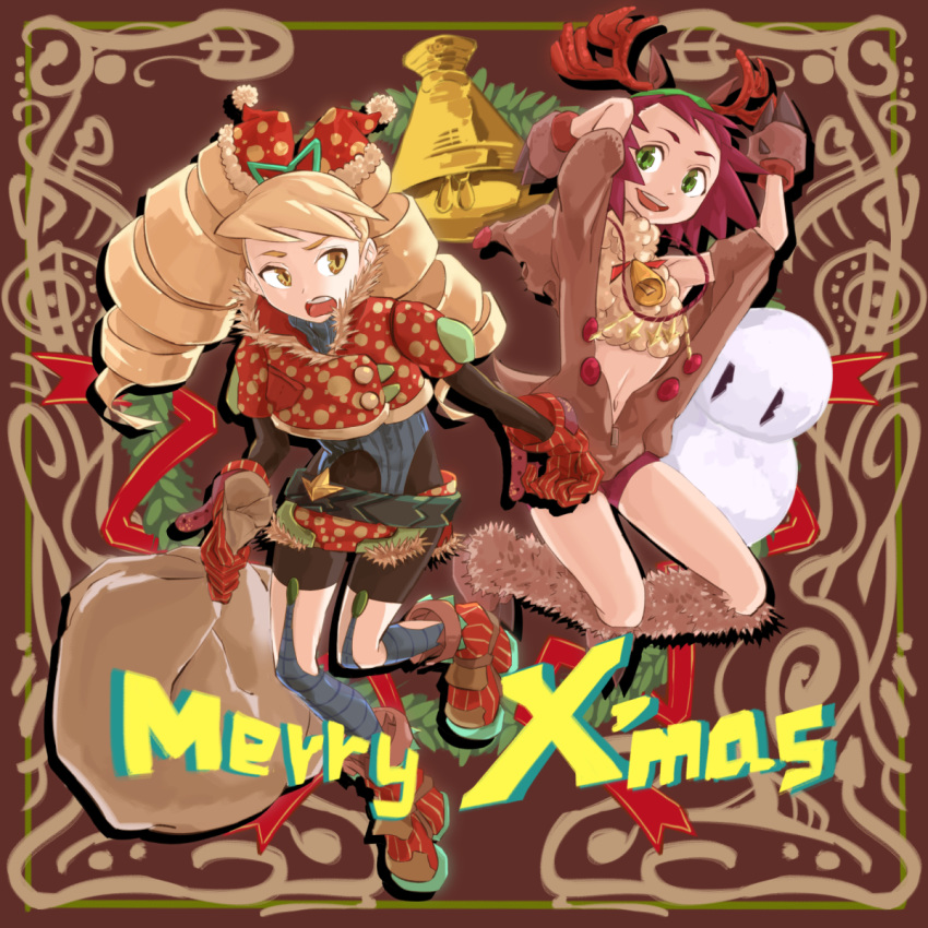 2girls ainsount animal_costume antlers bangs bell blonde_hair boots brown_footwear capcom christmas costume female full_body gloves green_eyes hibiki_misora long_hair merry_christmas midriff multiple_girls navel open_mouth purple_hair red_footwear red_gloves reindeer_costume reinderr_antlers ribbon rockman ryuusei_no_rockman sack short_hair snowman yellow_eyes