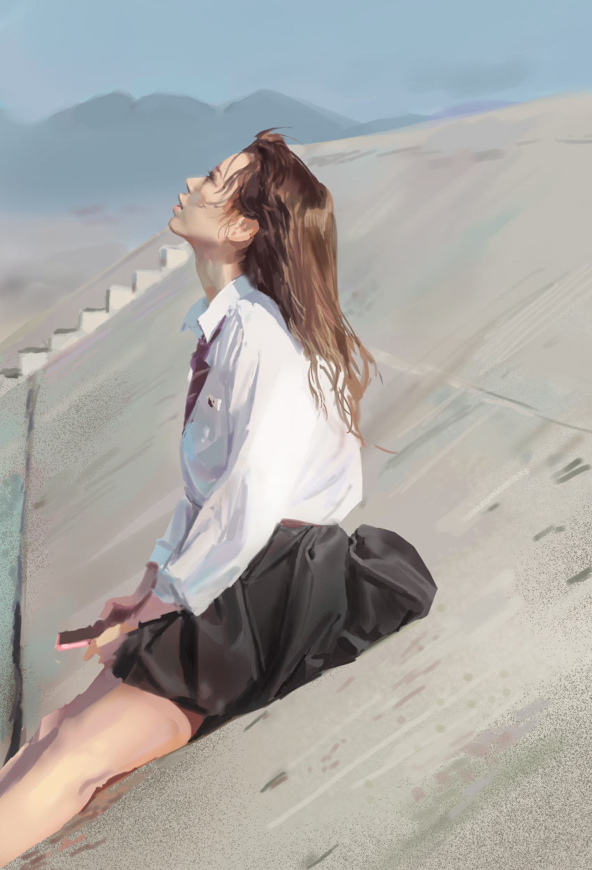 absurdres anmi black_skirt brown_hair collared_shirt commentary_request day from_side highres long_sleeves looking_up necktie original outdoors parted_lips profile red_neckwear shirt sitting skirt solo stairs white_shirt wing_collar