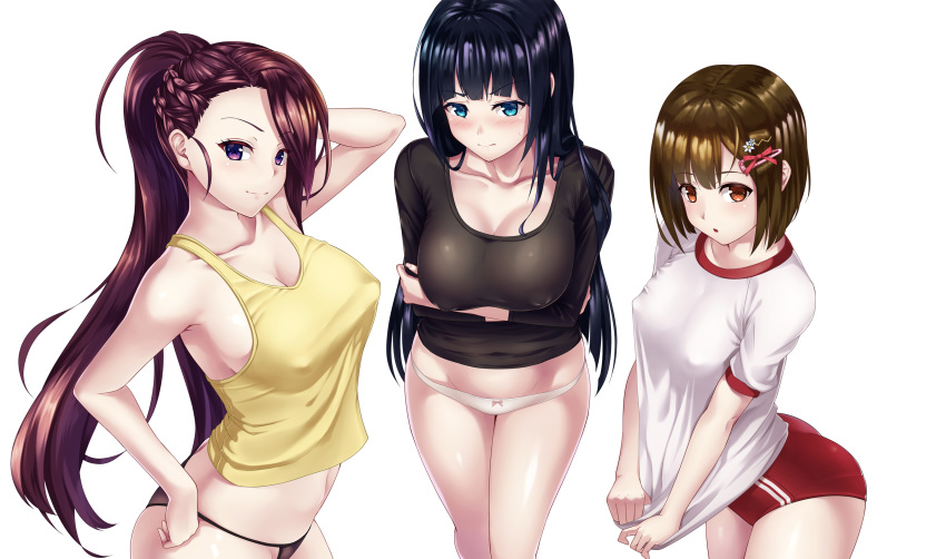 arms_under_breasts ass bangs bare_shoulders black_hair black_panties black_shirt blue_eyes blush braid breast_hold breasts brown_eyes brown_hair buruma cleavage collarbone commentary_request covered_nipples crossed_arms eyebrows_visible_through_hair gym_uniform hair_ornament hairclip hand_in_hair hand_on_hip highres hips large_breasts long_hair long_sleeves looking_at_viewer multiple_girls no_bra original panties ponytail purple_eyes red_buruma shirt shirt_pull short_hair side_braid simple_background t-shirt tank_top thighs toumin underwear white_background white_panties white_shirt yellow_tank_top