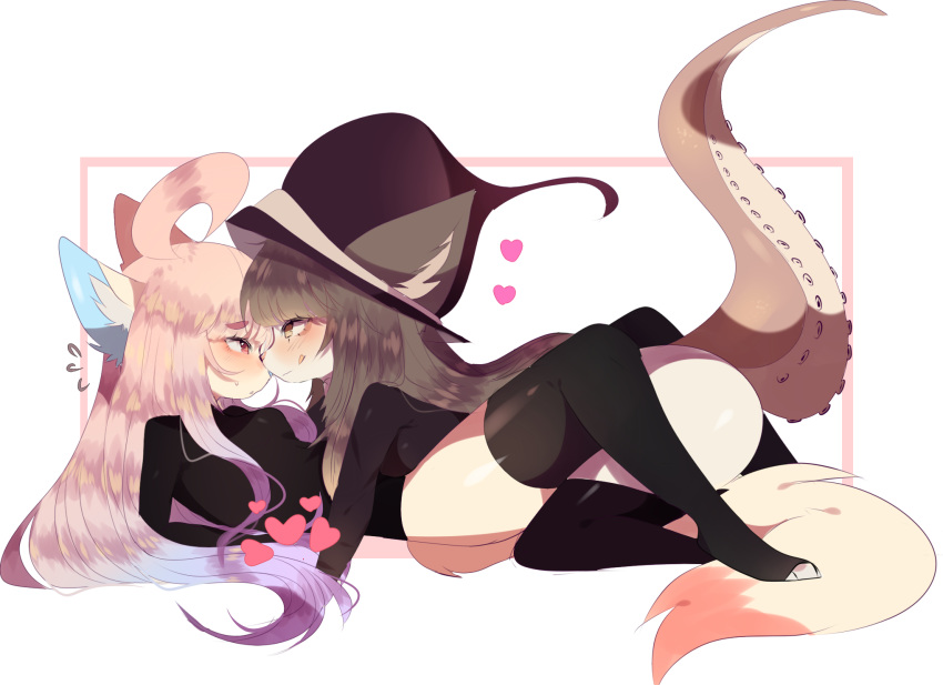 &lt;3 2018 blush brown_hair cat cephalopod clothing duo eye_contact feline female female/female fluffy_ears fredek666 hair hat hybrid legwear licking licking_lips long_hair lying mammal marine nervous octopus pink_hair shy simple_background slim squidwave_(character) sweater tentacle_tail thigh_highs tongue tongue_out