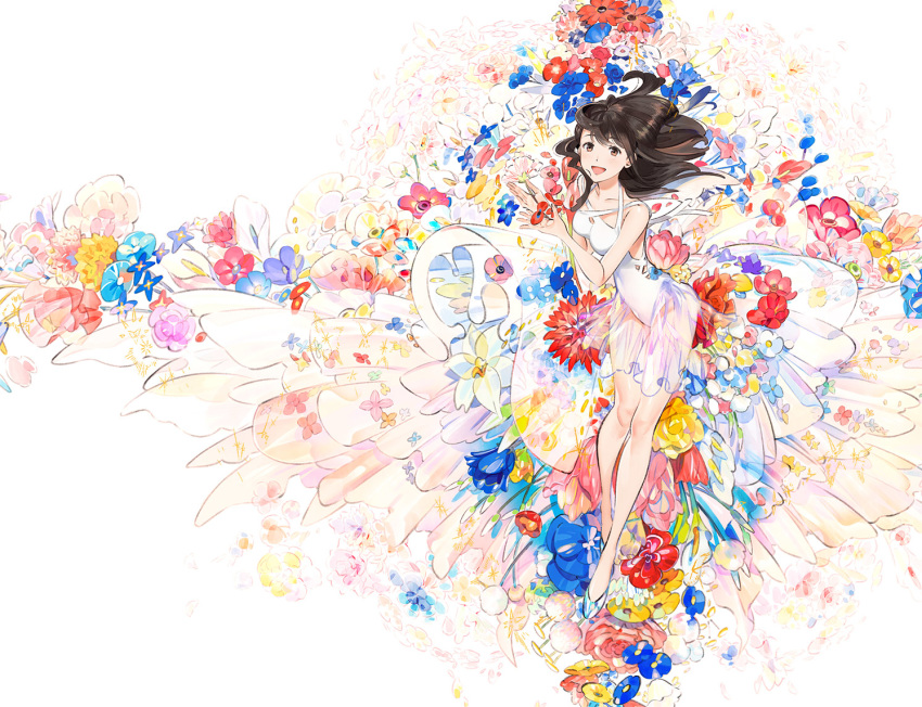 :d bare_arms bare_shoulders blue_flower breasts brown_eyes brown_hair dress floating_hair flower high_heels looking_at_viewer medium_breasts negative_space open_mouth original red_flower sleeveless sleeveless_dress smile solo umishima_senbon white_dress yellow_flower