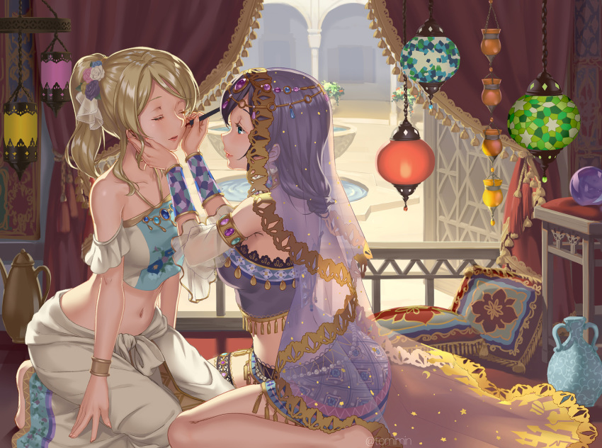 applying_makeup aqua_eyes arabian_clothes armlet ayase_eli balcony barefoot blonde_hair bracelet bracer closed_eyes collarbone commentary_request crop_top crystal_ball curtains cushion detached_sleeves face-to-face flower fringe_trim gem hair_flower hair_ornament half-closed_eyes halterneck hand_on_another's_cheek hand_on_another's_face harem_pants head_chain indoors jewelry kneeling lantern looking_at_another love_live! love_live!_school_idol_project makeup_brush midriff multiple_girls navel pants pitcher ponytail purple_hair railing sidelocks sitting smile thigh_strap tomiwo toujou_nozomi vase veil
